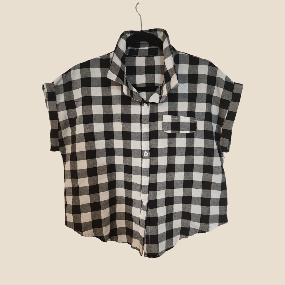Emery Rose Black White Gingham Plaid Top Rockabilly Blouse L Retro 1950's Grunge